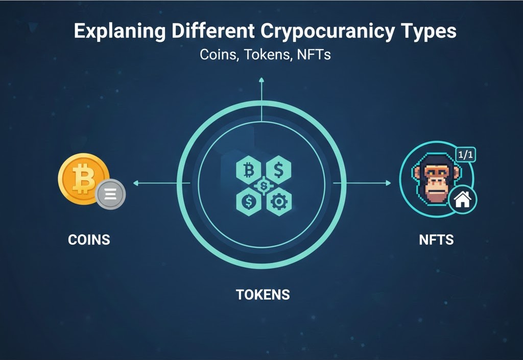 Explaining different cryptocurrency types. Coins, tokens, NFTs